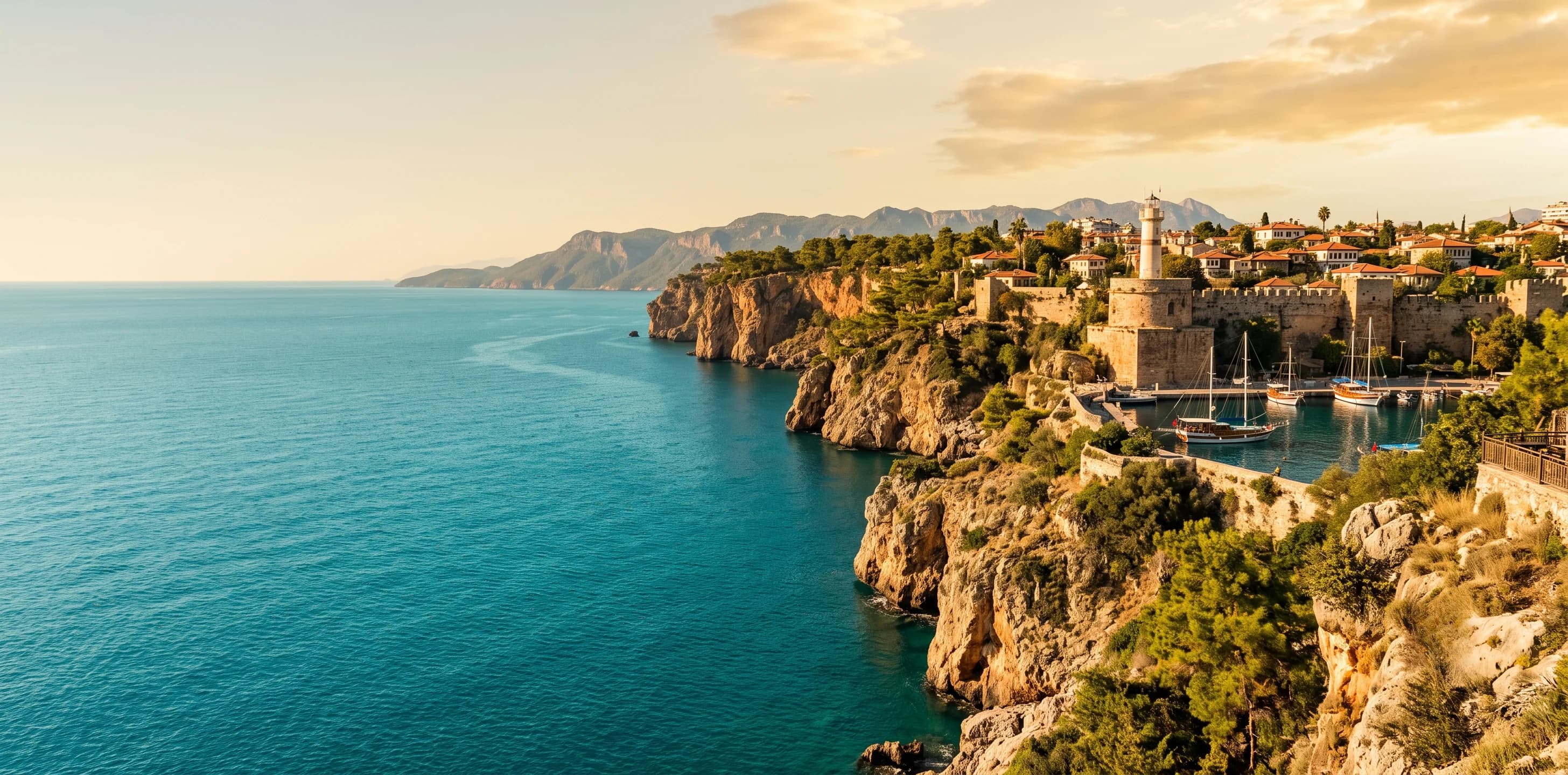 Kaleiçi old town, cliffs and marina on the Antalya coastline, Turkey