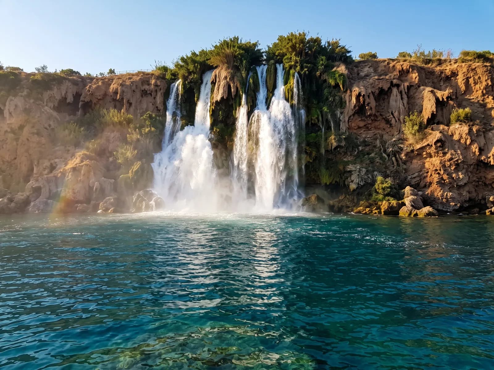 The Lower Düden Waterfalls dropping from a cliff into the Mediterranean near Antalya
