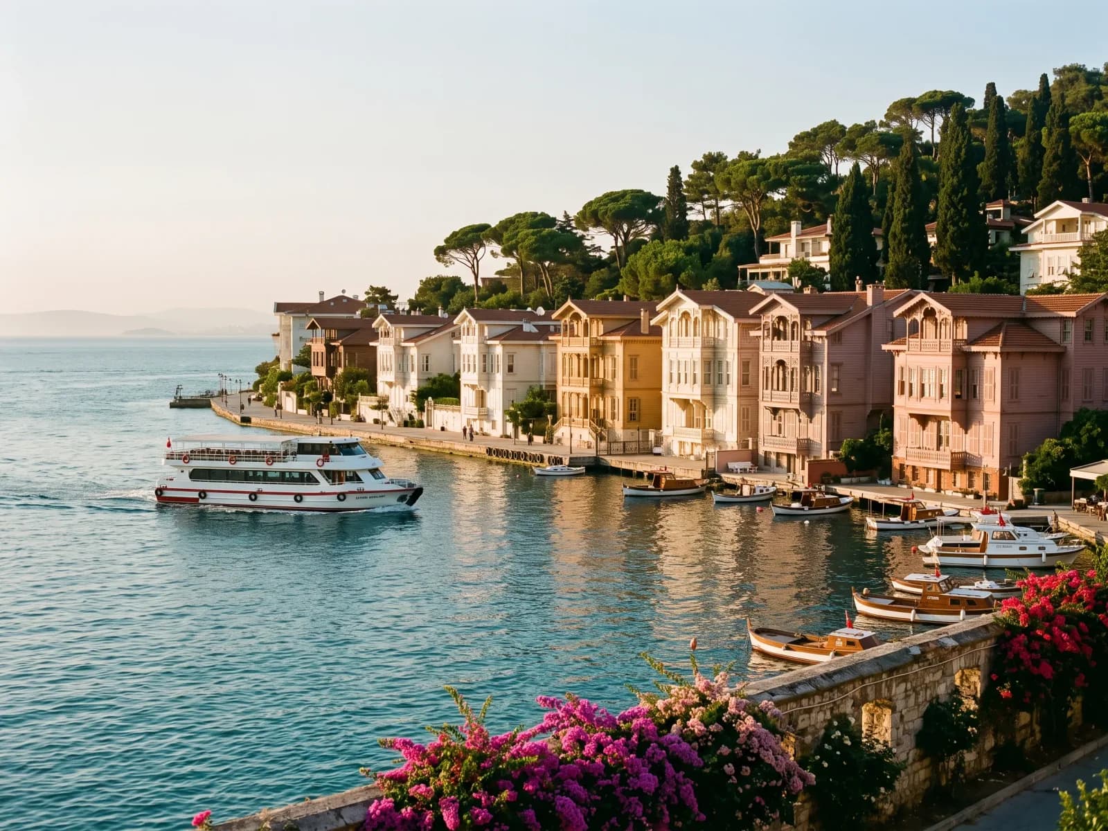 Ottoman wooden mansions and moored boats along the Büyükada waterfront in Istanbul's Princes' Islands at golden hour