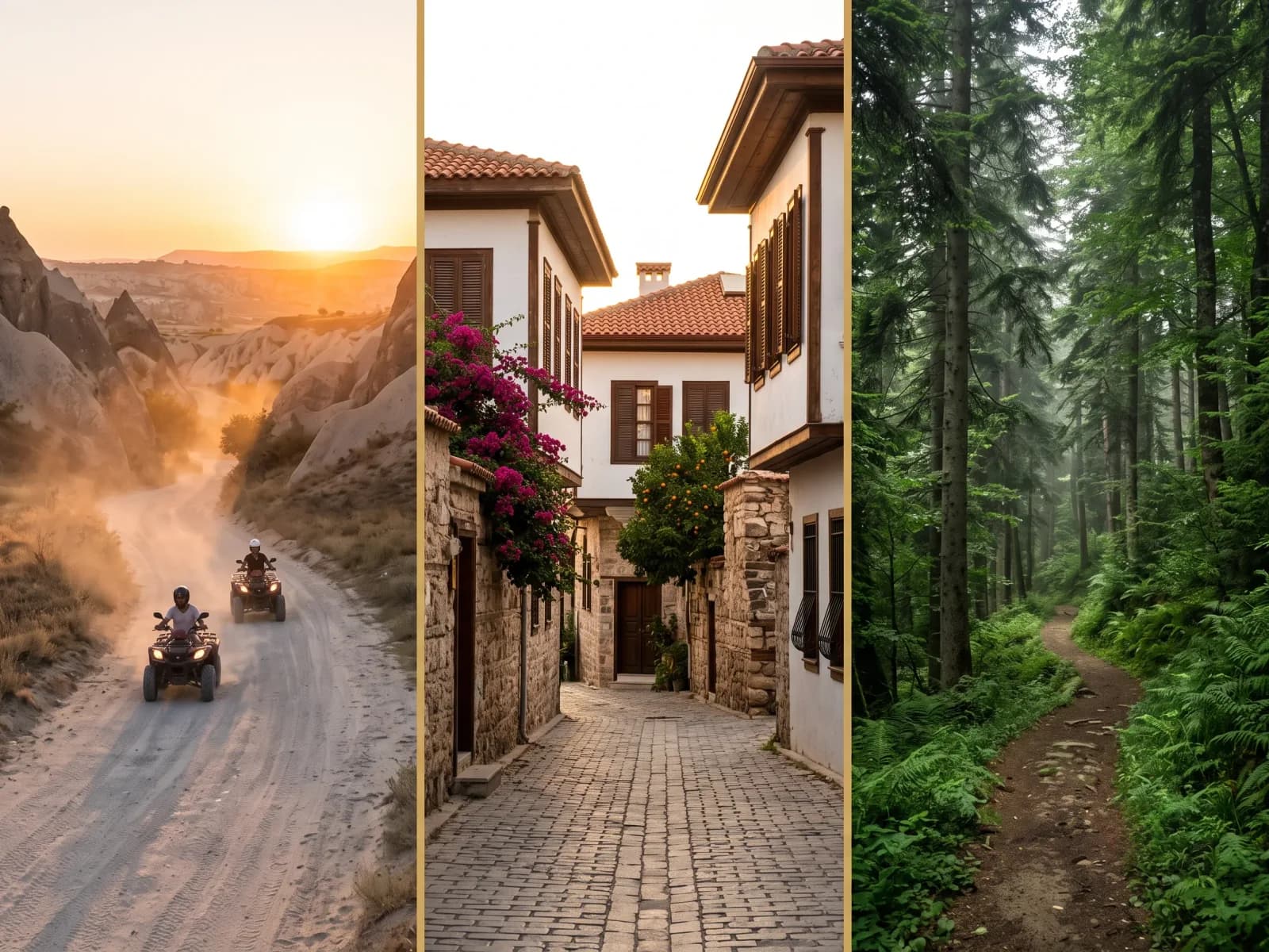 A quad bike tour in Cappadocia at sunset, a lane in Antalya's Kaleiçi old town, and forest in the Ayder highlands