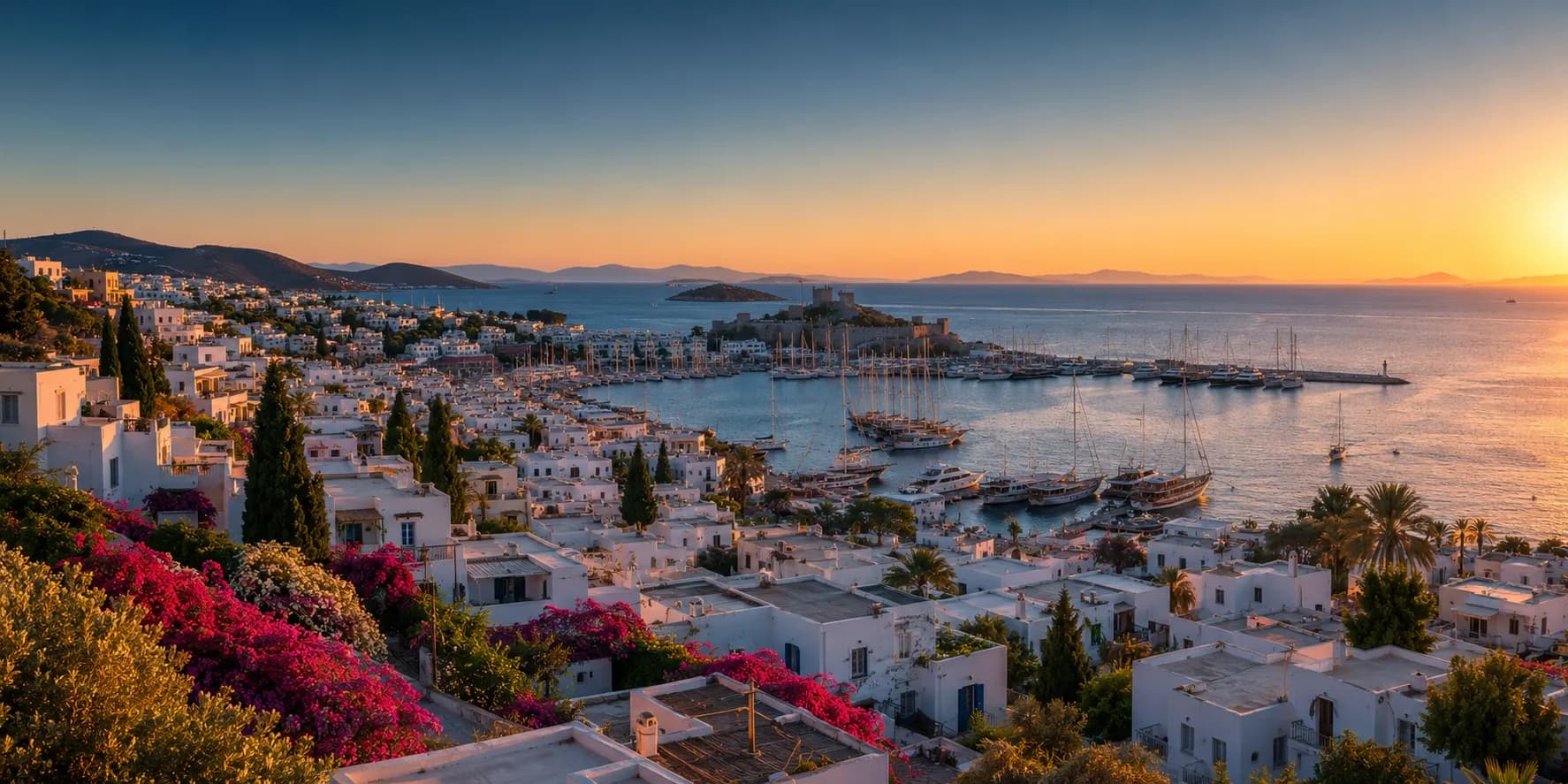 Bodrum's whitewashed houses and bougainvillea above the marina, with the castle and the Aegean beyond at sunset
