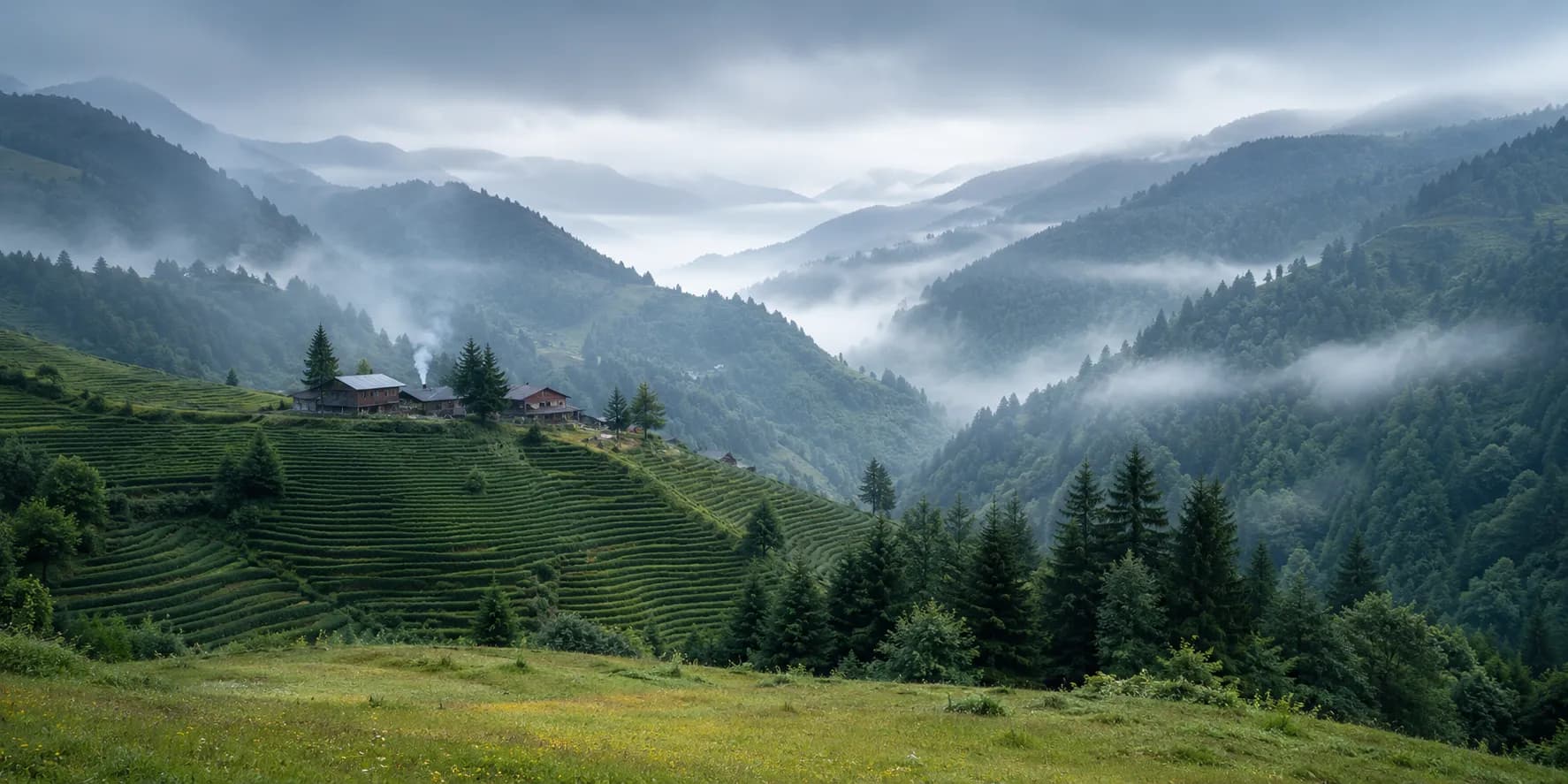 Mist drifting through the forested Pontic highlands above Trabzon, with tea terraces and a wooden highland house