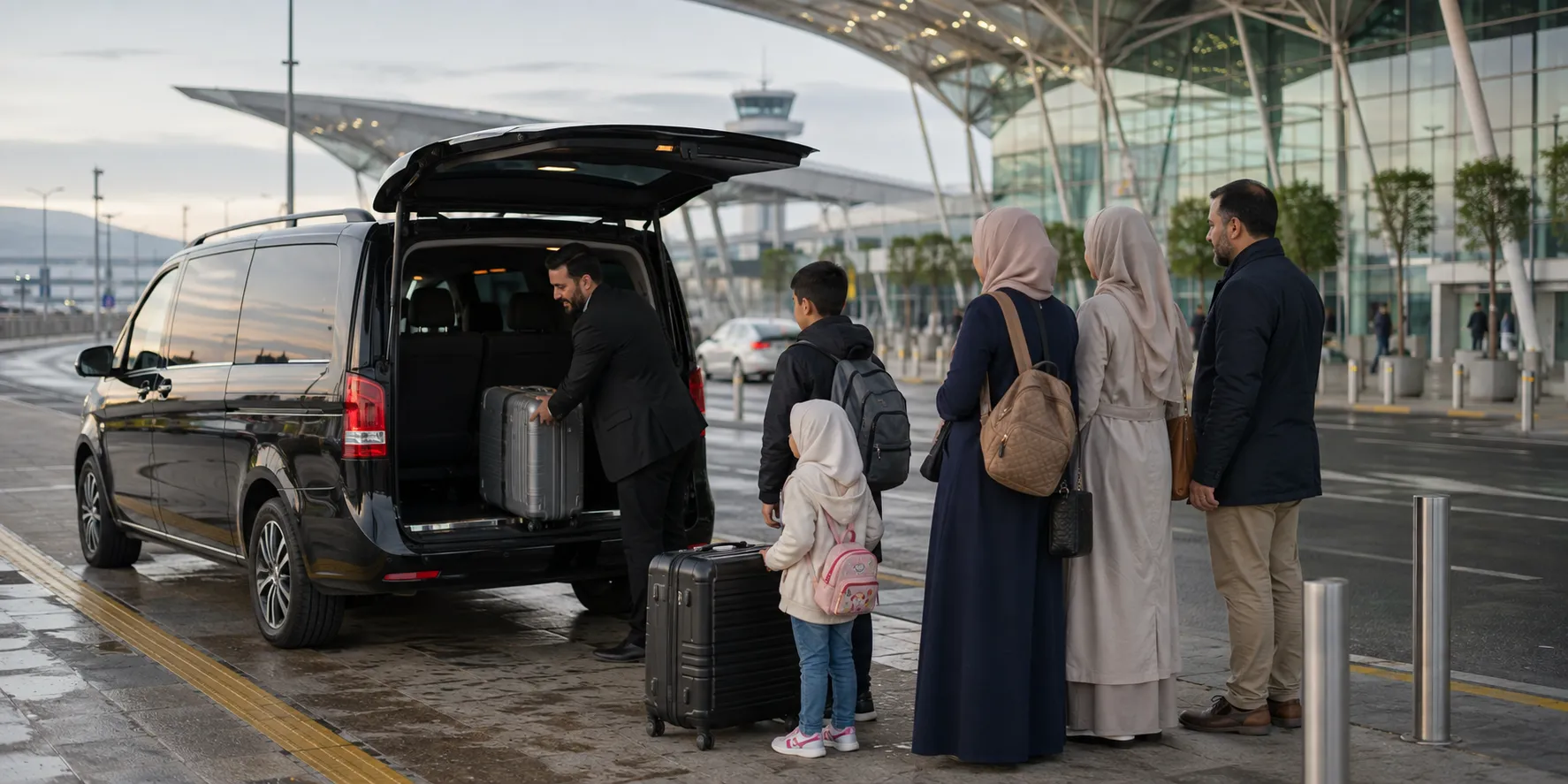 A private driver loading luggage into a black minivan as a family waits at an Istanbul airport kerb
