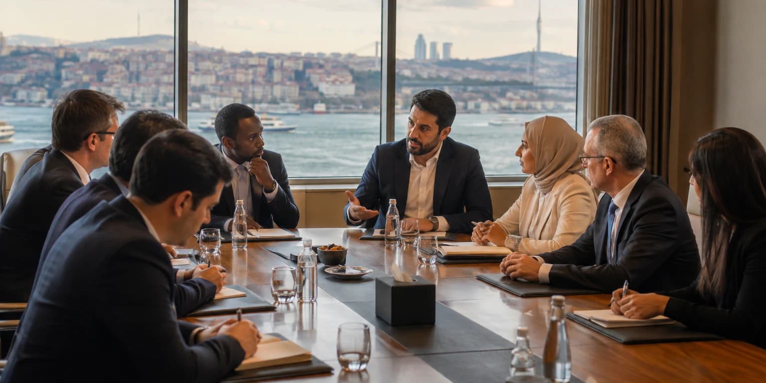 Delegates in discussion around a boardroom table, the Bosphorus and Istanbul's Asian shore through the window behind them