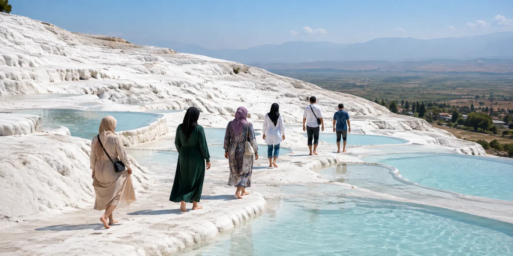 A small group walking barefoot across the white travertine terraces and turquoise pools at Pamukkale