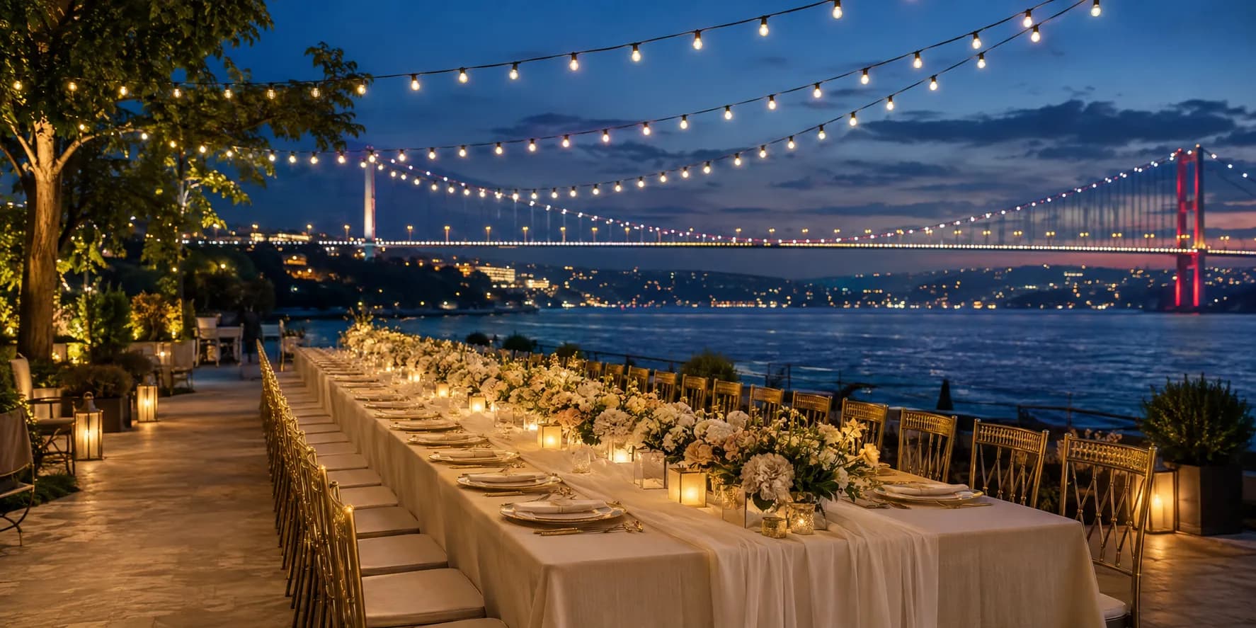 A long candlelit banquet table set on a Bosphorus terrace at dusk, the lit bridge behind