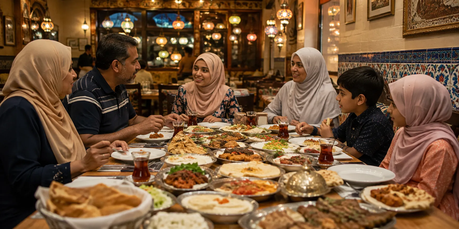 A family sharing a full Turkish mezze table in a lantern-lit Istanbul restaurant