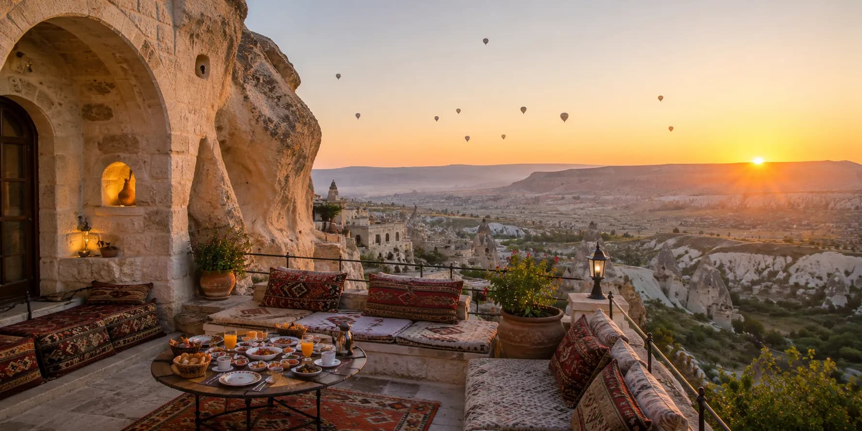 Breakfast laid out on the terrace of a Cappadocian cave hotel at sunrise, balloons rising over the valley beyond