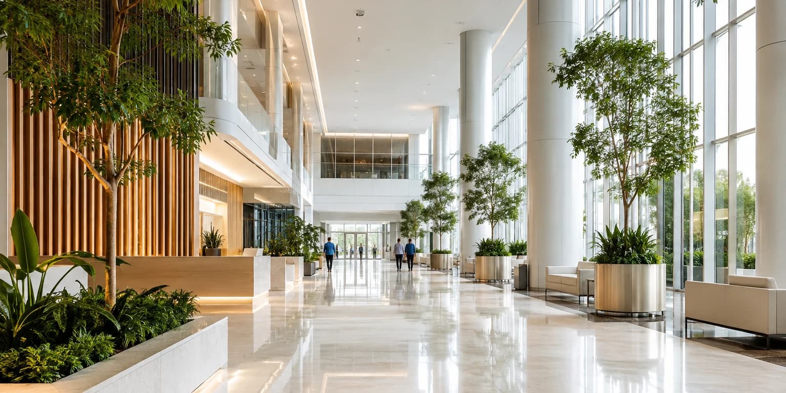 The bright, planted atrium of a modern hospital, daylight through a full-height glass wall and a few people walking in the distance