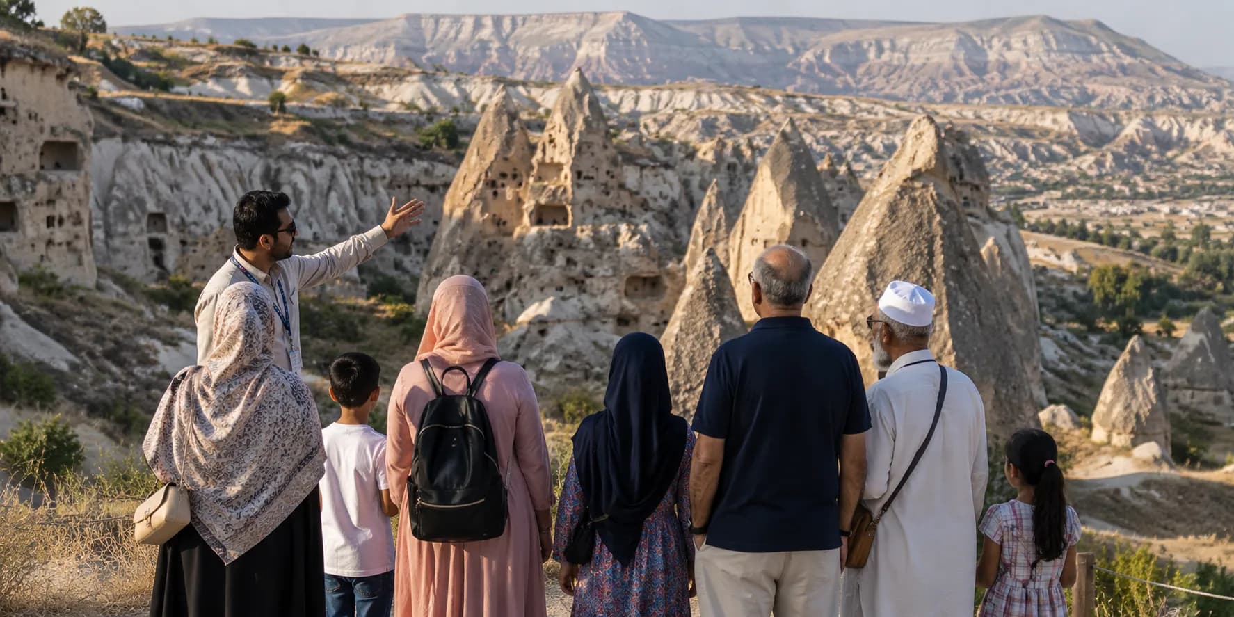 A local guide showing an extended family the carved fairy chimneys of the Cappadocian valleys