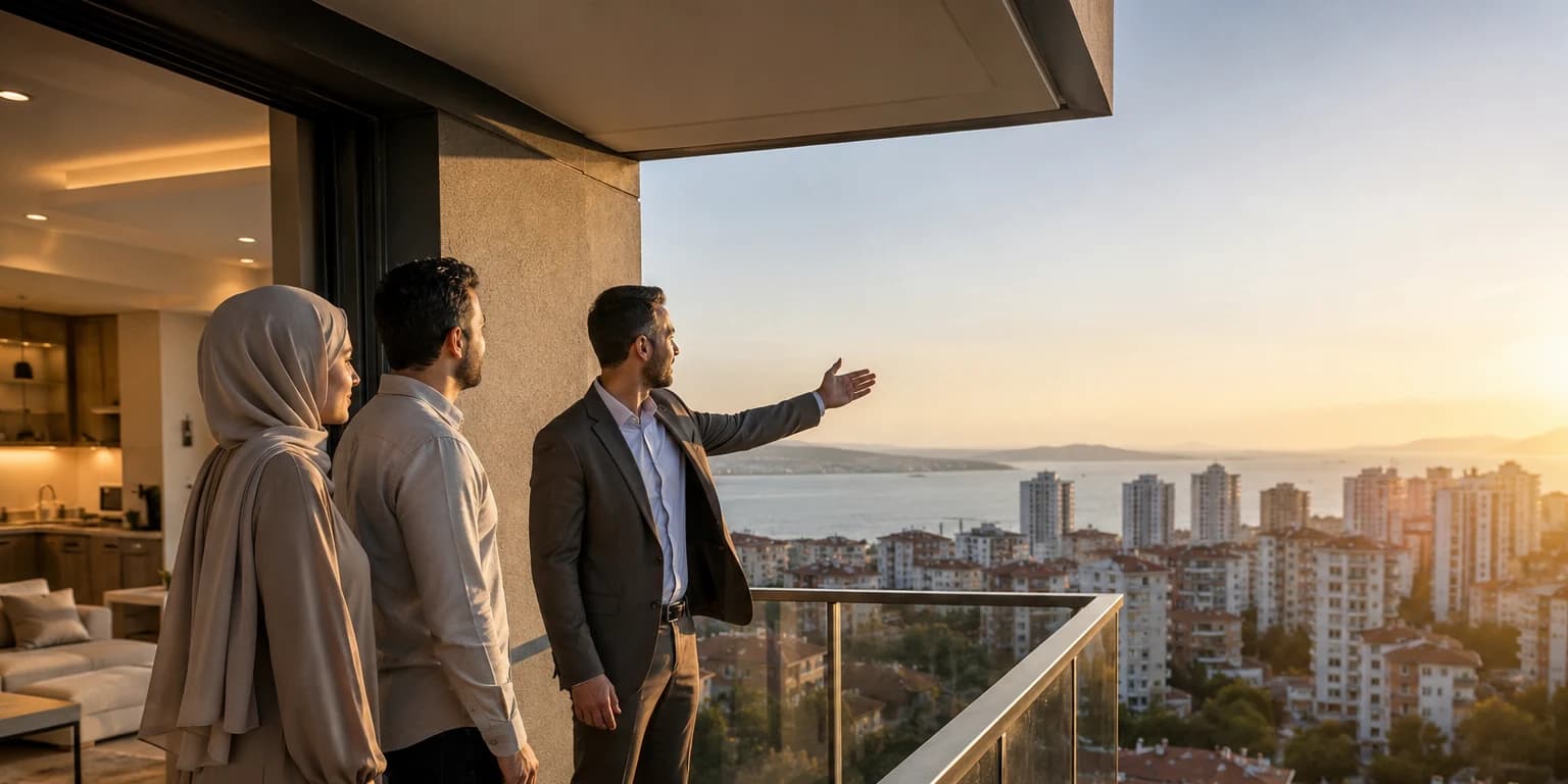 An agent showing a couple the view from an apartment balcony at sunset, the city and the sea beyond the railing