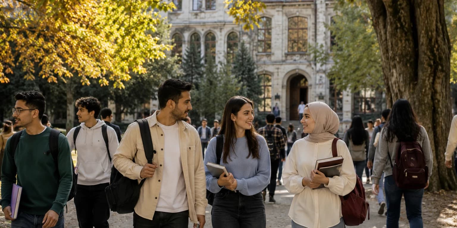 Students walking together across a tree-lined university courtyard in autumn, books and backpacks in hand