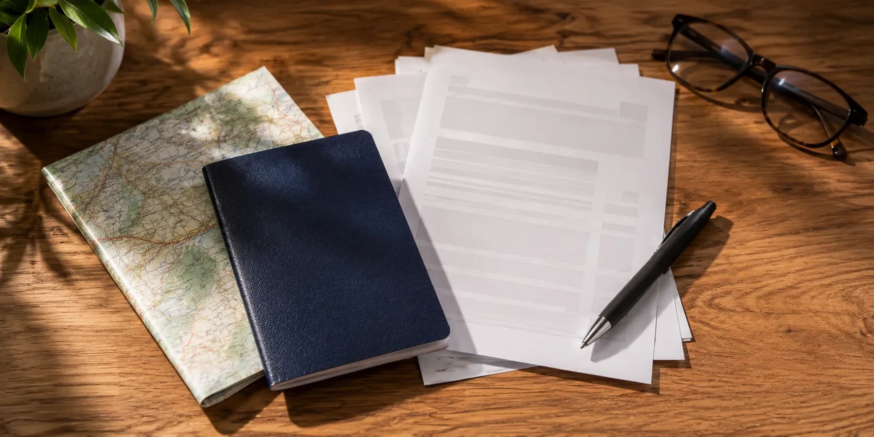 A passport, folded map and travel documents laid out on a desk in warm afternoon light