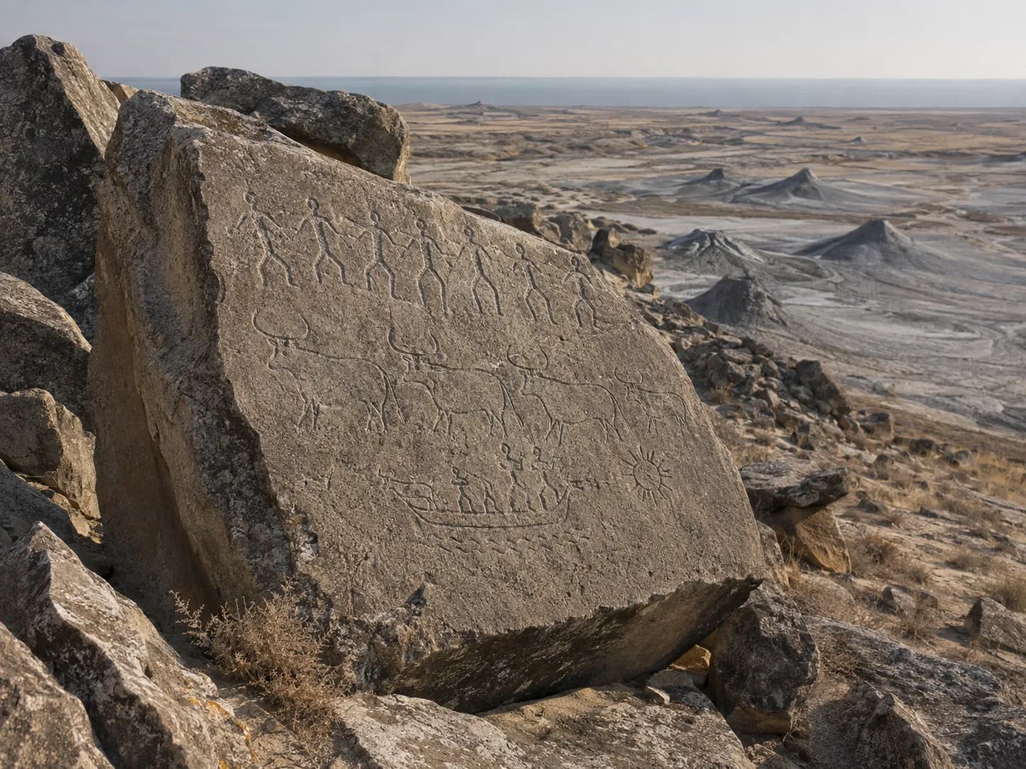 Prehistoric rock carvings of dancers, aurochs and a reed boat on a boulder at Gobustan, with the mud volcano field and the Caspian beyond