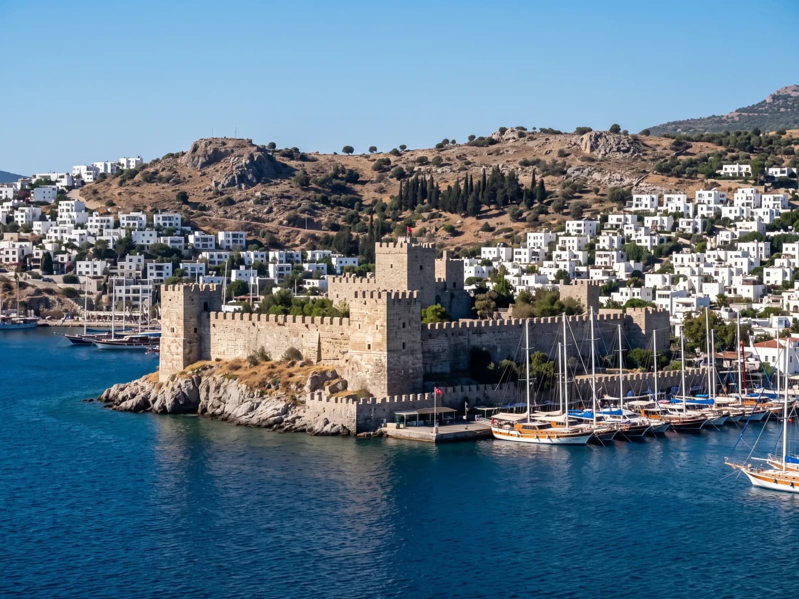 Bodrum Castle on its rocky promontory above the Aegean, with the whitewashed town behind
