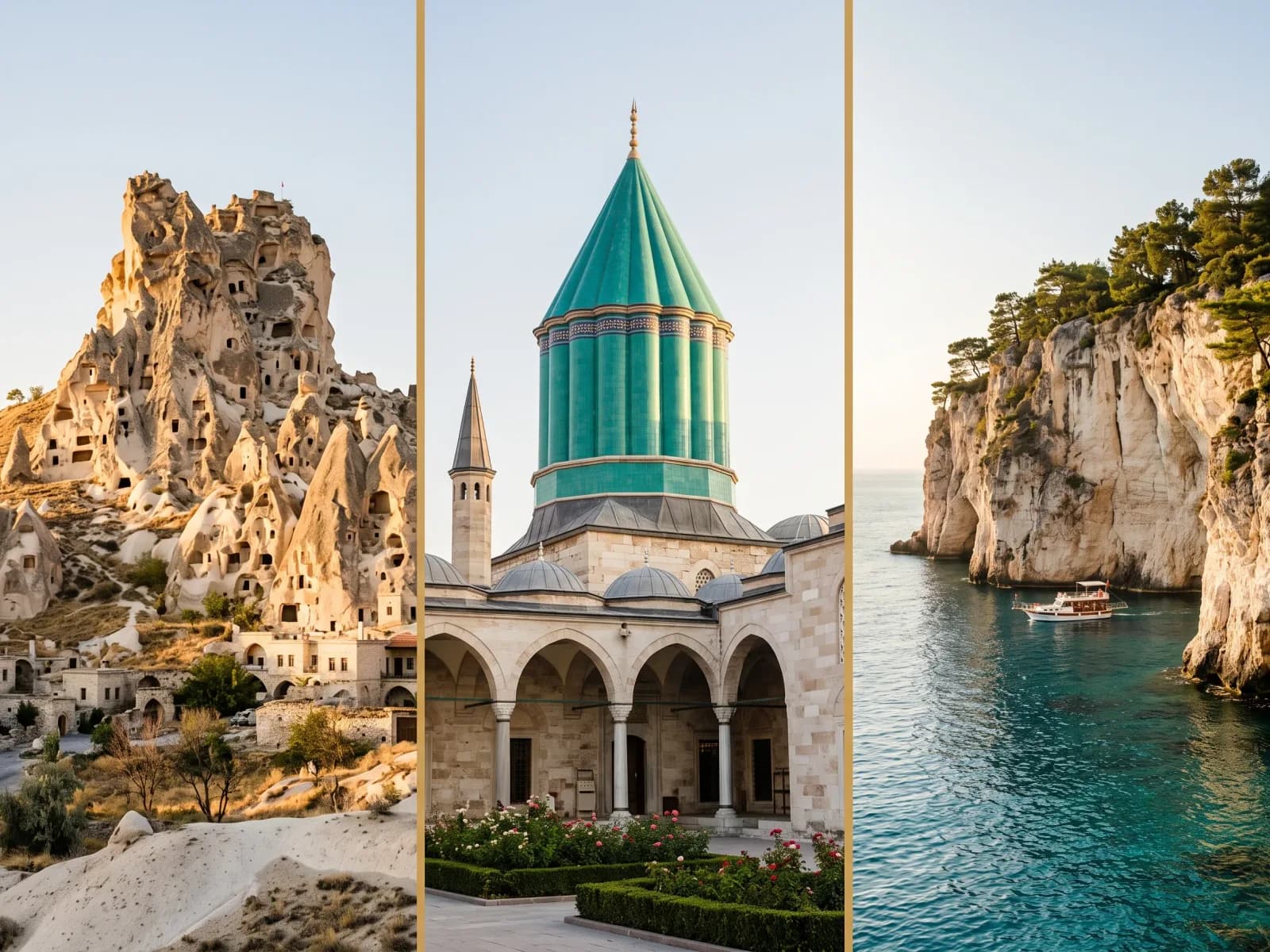 Uçhisar Castle in Cappadocia, the turquoise dome of the Mevlana Museum in Konya, and the Antalya sea cliffs