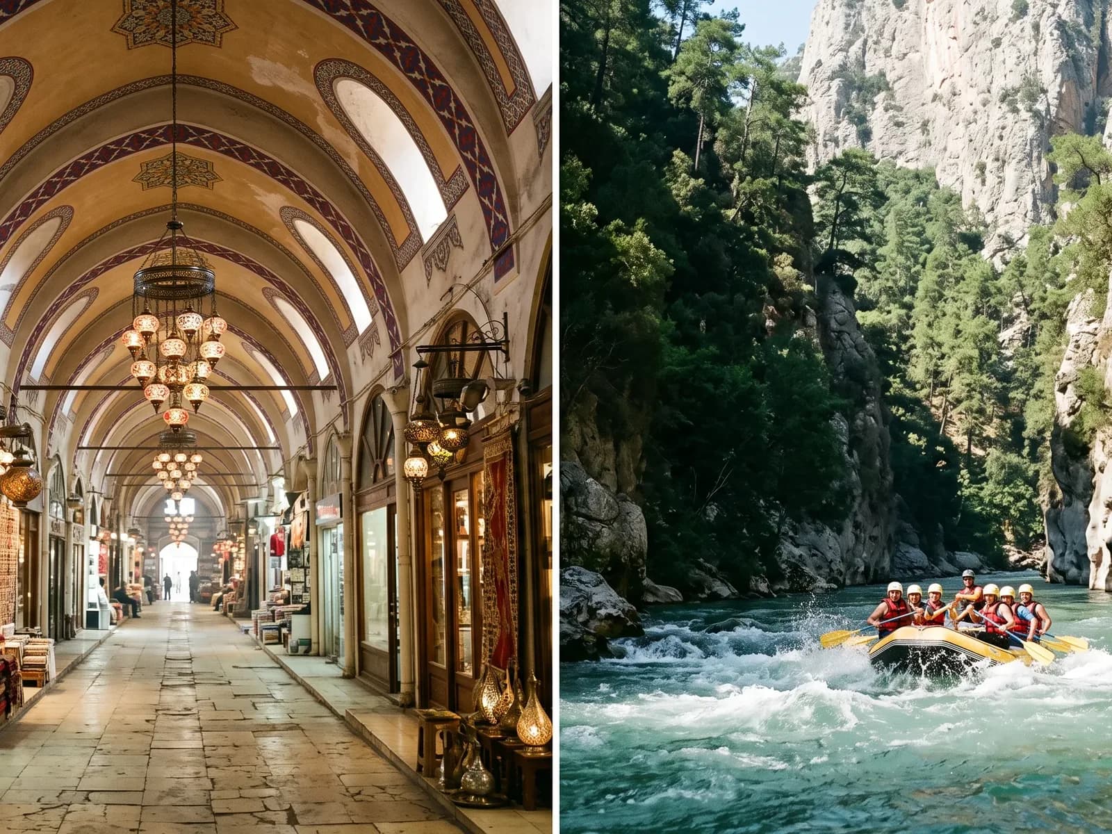 The vaulted Grand Bazaar in Istanbul, and whitewater rafting in Köprülü Canyon near Antalya