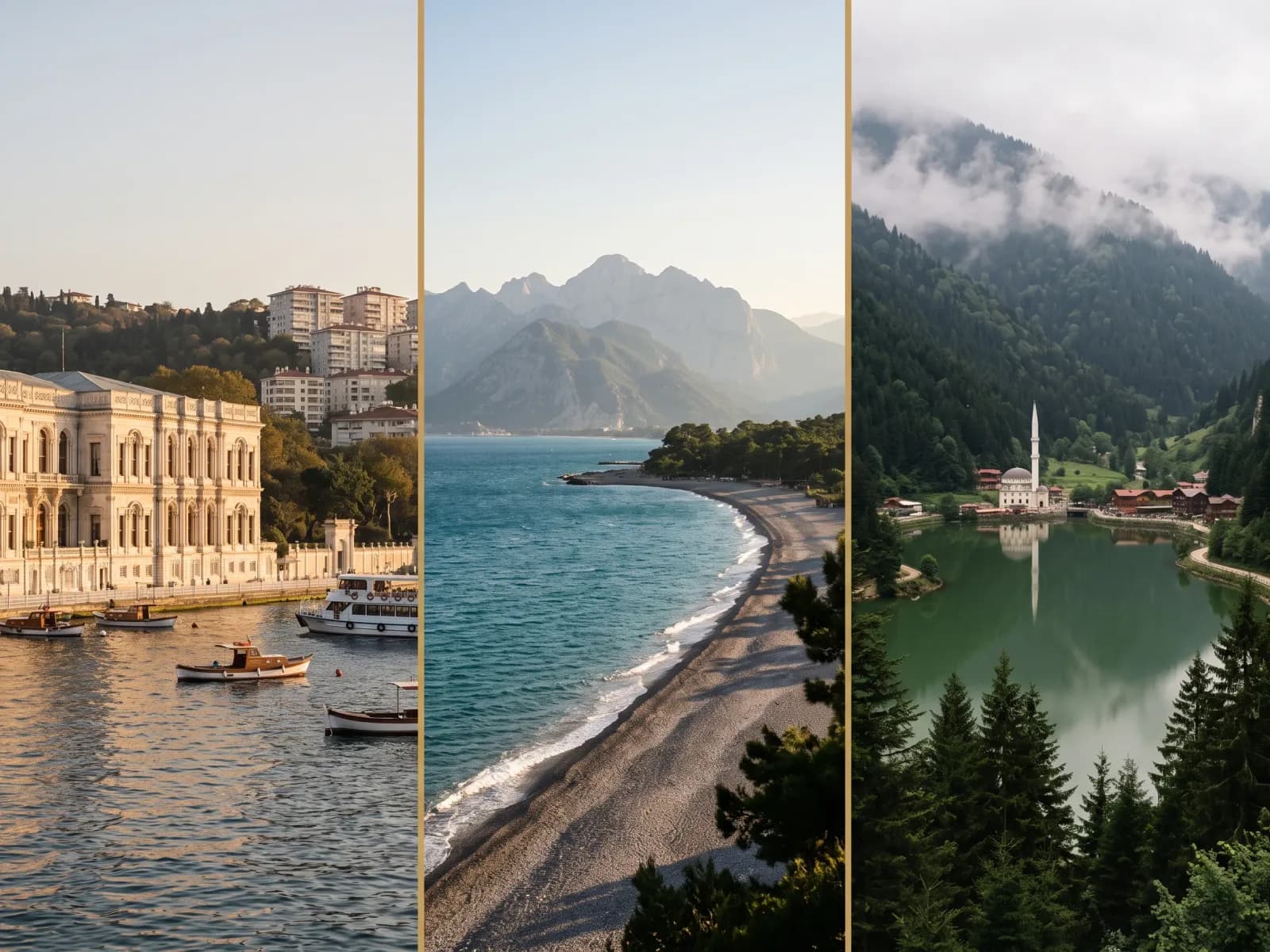 The Bosphorus waterfront in Istanbul, the Antalya coastline, and Uzungöl lake near Trabzon