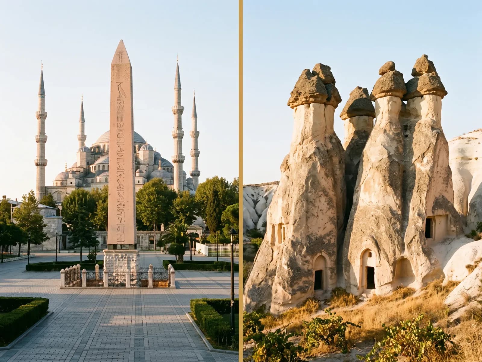 The Hippodrome obelisk in Istanbul, and the multi-capped fairy chimneys of Paşabağ in Cappadocia