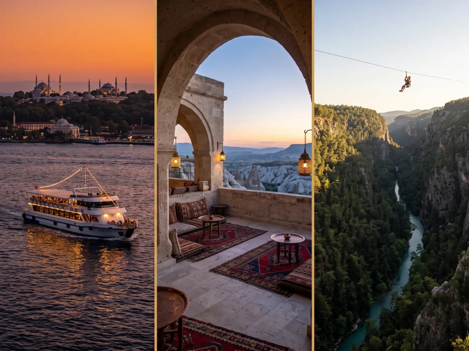 A Bosphorus dinner cruise at sunset, a Cappadocia cave hotel terrace, and a zip line above a canyon near Antalya