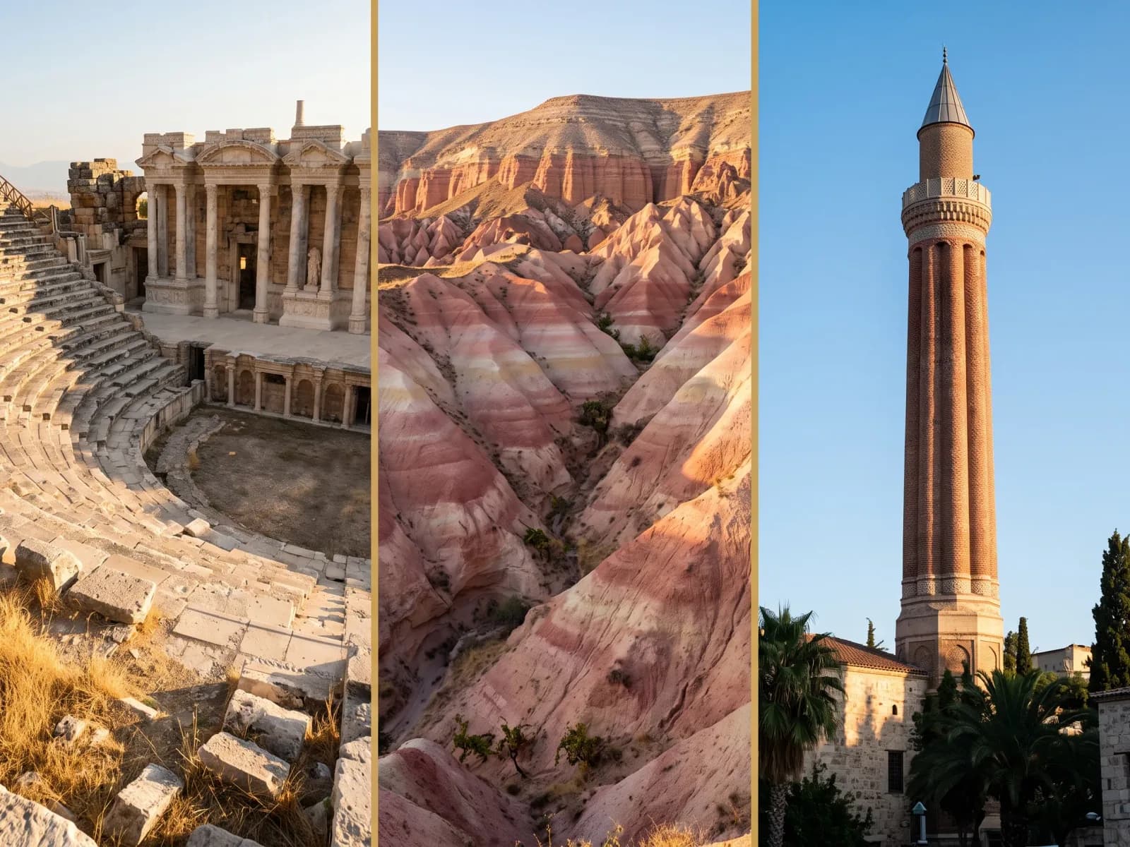 The Roman theatre at Hierapolis, the banded ridges of Red Valley in Cappadocia, and the fluted minaret in Antalya
