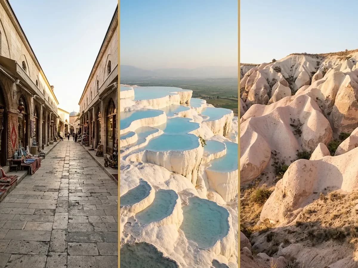 The Arasta Bazaar in Istanbul, the white travertine terraces of Pamukkale, and Devrent Valley in Cappadocia