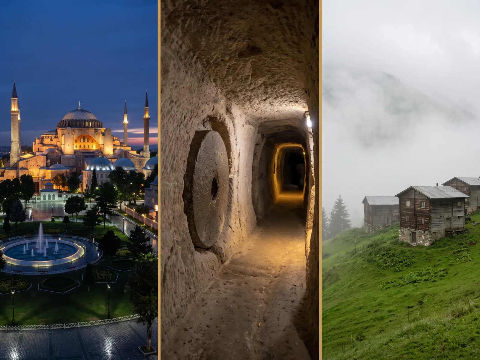 Sultanahmet illuminated at dusk, an underground city tunnel in Cappadocia, and the misty Ayder highlands