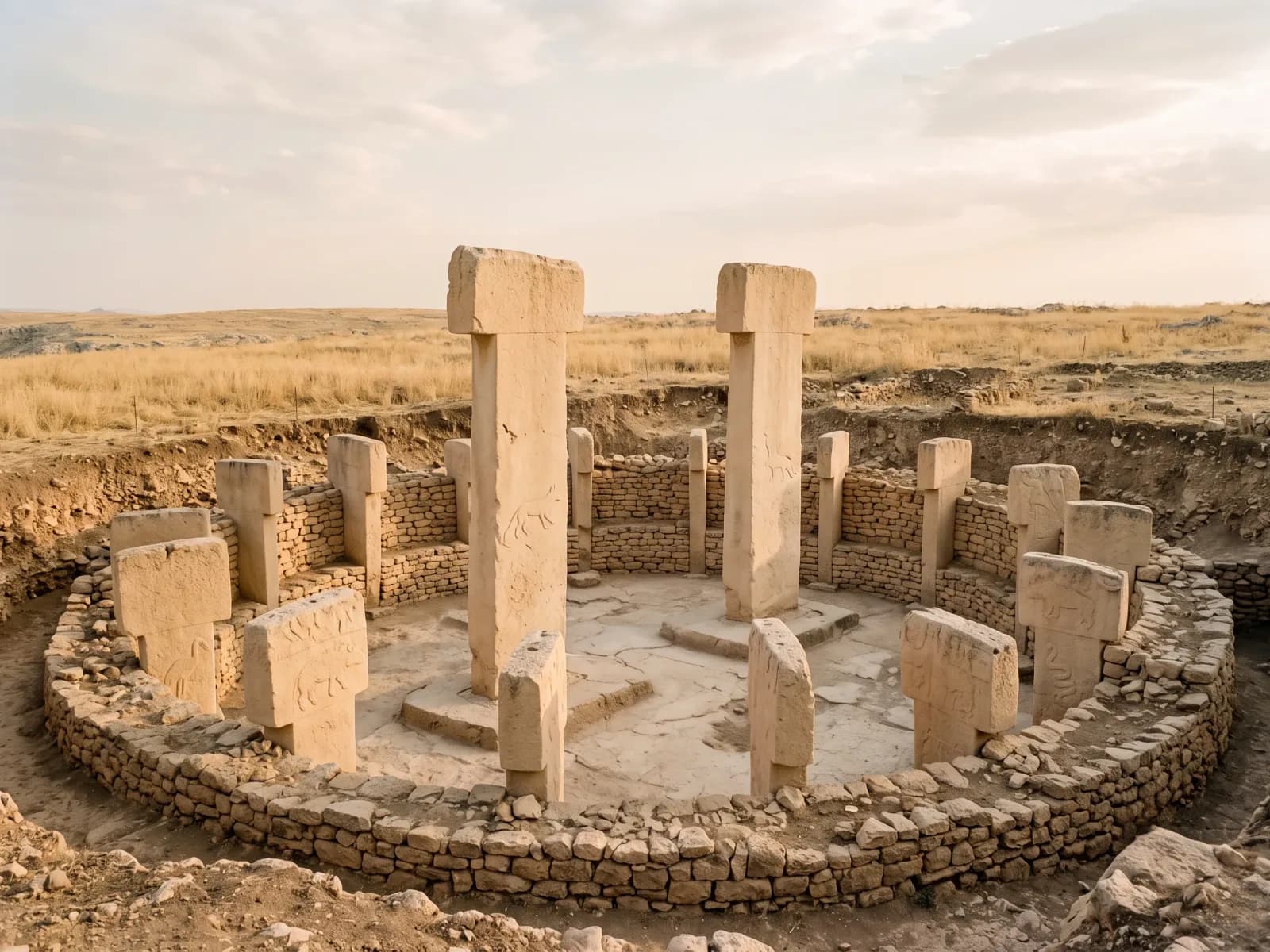 The T-shaped limestone pillars of the Göbeklitepe temple enclosure near Şanlıurfa